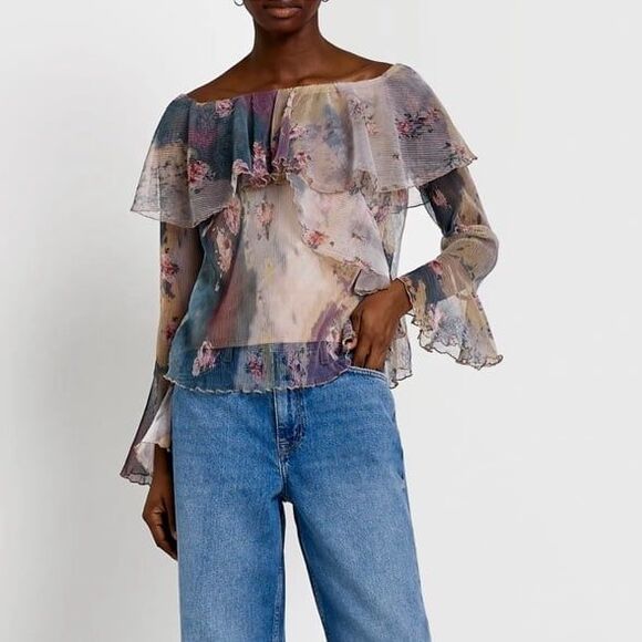 River Island Floral Bateau Neck Long Sleeve Mesh Sheer Fairy Y2K Top Pink US 4 - Picture 1 of 12